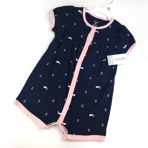 NWT Carter’s Navy & Pink Romper w/Whales & Anchors - Picture 1 of 7